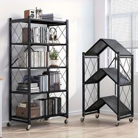5Tier Heavy Duty Foldable Metal Rack Storage Rack, Removable Organizing Rack with Wheels, Suitable for Garage Kitchen, Black Kitchen Storage Rack
