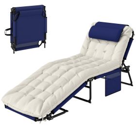 Folding Chaise Lounge Pool Chair With 4-level Reclining Back, Cushion, Side Pocket, Headrest, Navy Blue (Option: Blue)