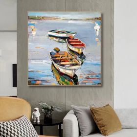 Hand Painted Oil Painting Canoe oil Paintings Nordic Seascape-Hand-Painted- Colorful Boats Oil Painting-Wall Art Handmade- For Home Decoration (style: 01, size: 90x90cm)